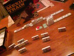 Spela spel. "Mexico Train". Eller spela och spela. &Auml;lsklingen sopade banan (bordet) med mig...:-( Men jag tror han fuskade!(Nej d&aring;, jag &auml;r ingen d&aring;lig f&ouml;rlorare. Inte alls. Inte alls...)